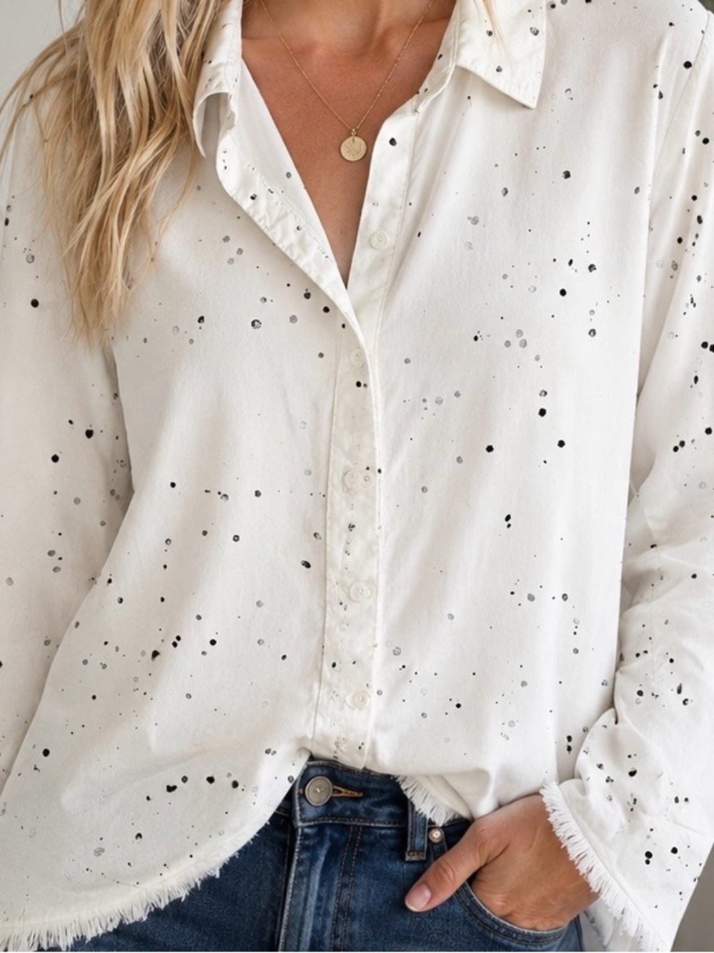 Bella Dahl White Button-Down with Black Speckle Print